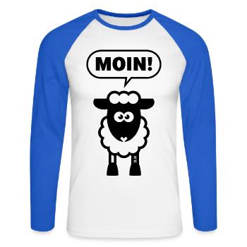 Moin! (Schaf / White / Lamm / Plattdeutsch / POS) - Unisex Baseballshirt langarm - Weiß/Royalblau - Vorne - Nik (191cm)