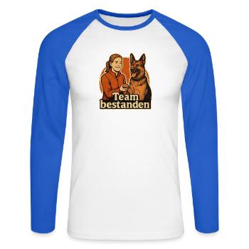 Begleithundeprüfung bestanden als starkes Team - Unisex Baseballshirt langarm - Weiß/Royalblau - Vorne - Nik (191cm)