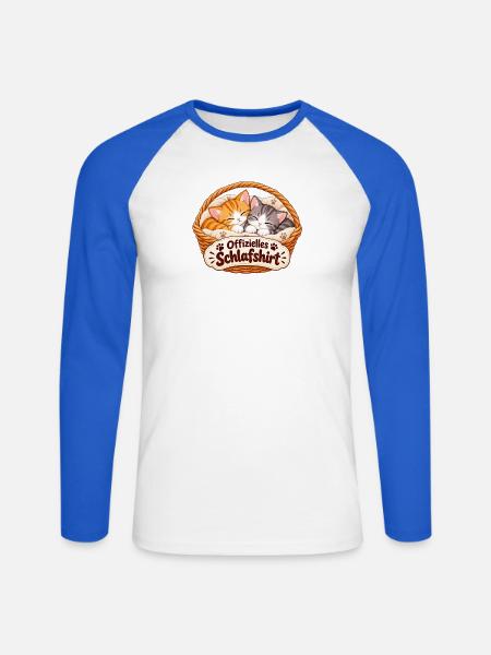 Offizielles Schlafshirt Kätzchen im Körbchen - Unisex Baseballshirt langarm - Weiß/Royalblau
