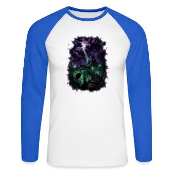 Mystischer Grusel Sumpf – Gothic Horror Schloss - Unisex Baseballshirt langarm - Weiß/Royalblau - Vorne - Nik (191cm)