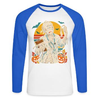Halloween-Mumienarzt mit verhedderten Bandagen - Unisex Baseballshirt langarm - Weiß/Royalblau - Vorne - Nik (191cm)