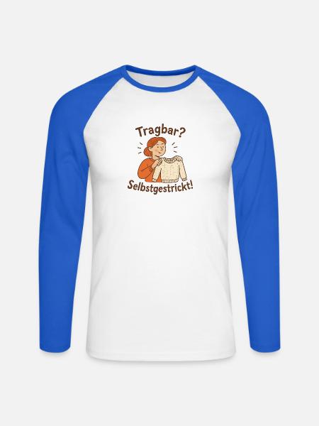Erstes Strickstück fertig: Geschenk für Anfänger - Unisex Baseballshirt langarm - Weiß/Royalblau