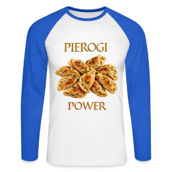 Power Dumplings - Unisex Baseballshirt langarm - Weiß/Royalblau - Vorne - Nik (191cm)