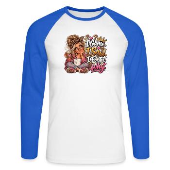 Leopardenkosmos Kaffeezauber - Unisex Baseballshirt langarm - Weiß/Royalblau - Vorne - Nik (191cm)