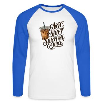 NOC Shift Survival Juice Typografie Iced Coffee - Unisex Baseballshirt langarm - Weiß/Royalblau - Vorne - Nik (191cm)