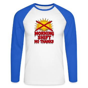 Morning Shift No Thanks Typografie Pflege RN - Unisex Baseballshirt langarm - Weiß/Royalblau - Vorne - Nik (191cm)