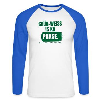 Grün-Weiß is ka Phase - Unisex Baseballshirt langarm - Weiß/Royalblau - Vorne - Nik (191cm)