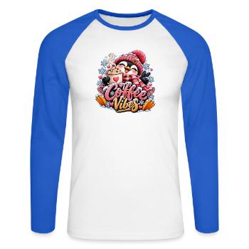 Kaffee Vibes Pinguin Winterdesign - Unisex Baseballshirt langarm - Weiß/Royalblau - Vorne - Nik (191cm)
