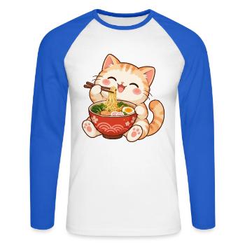 Katze, Ramen, Japanische Nudeln, Süßes Kätzchen - Unisex Baseballshirt langarm - Weiß/Royalblau - Vorne - Nik (191cm)