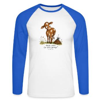 Kuh, Fliege, Kacke - Heute schon für Dich gesorgt? - Unisex Baseballshirt langarm - Weiß/Royalblau - Vorne - Nik (191cm)