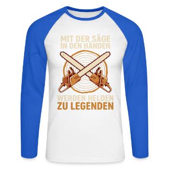 Sägehelden: Legenden aus Holz - Unisex Baseballshirt langarm - Weiß/Royalblau - Vorne - Nik (191cm)