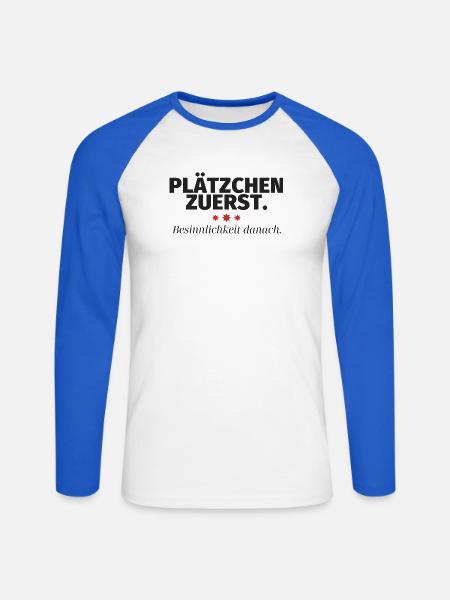 Plätzchen zuerst Besinnlichkeit danach - Unisex Baseballshirt langarm - Weiß/Royalblau