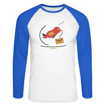 Wintervogel bringt Sternenpost – Weihnachten - Unisex Baseballshirt langarm - Weiß/Royalblau - Vorne - Nik (191cm)