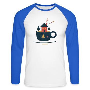 Waldhütte im Kakaobecher – gemütlicher Winter - Unisex Baseballshirt langarm - Weiß/Royalblau - Vorne - Nik (191cm)