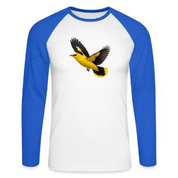 Pirol im Flug – gelber Vogel mit dunklen Flügeln - Unisex Baseballshirt langarm - Weiß/Royalblau - Vorne - Nik (191cm)