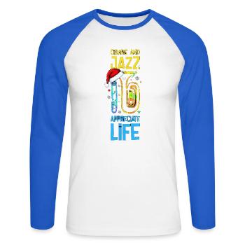 Cigars And Jazz Appreciate Life Saxophon Xmas - Unisex Baseballshirt langarm - Weiß/Royalblau - Vorne - Nik (191cm)