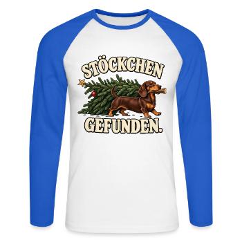 Dackel Weihnachtsbaum – Stöckchen gefunden - Unisex Baseballshirt langarm - Weiß/Royalblau - Vorne - Nik (191cm)