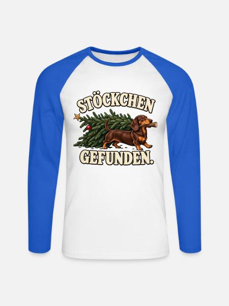 Dackel Weihnachtsbaum – Stöckchen gefunden - Unisex Baseballshirt langarm - Weiß/Royalblau