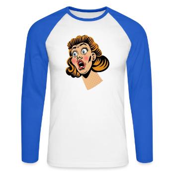 Frau im Schockzustand - Unisex Baseballshirt langarm - Weiß/Royalblau - Vorne - Nik (191cm)