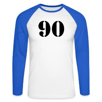 90. 90 JAHRE. 90-JÄHRIGES JUBILÄUM. 90-JÄHRIGES JUBILÄUM. - Unisex Baseballshirt langarm - Weiß/Royalblau - Vorne - Nik (191cm)