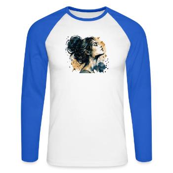 Frauenporträt in Blau und Gold – Aquarell - Unisex Baseballshirt langarm - Weiß/Royalblau - Vorne - Nik (191cm)