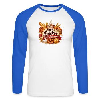 100% Bäcker – Leidenschaft pur - Unisex Baseballshirt langarm - Weiß/Royalblau - Vorne - Nik (191cm)