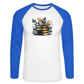 Bücherstapel in Blau und Gold – Aquarell Bücher - Unisex Baseballshirt langarm - Weiß/Royalblau - Vorne - Nik (191cm)