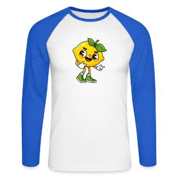 Coole Cartoon Zitrone mit fruchtigem Gesicht - Unisex Baseballshirt langarm - Weiß/Royalblau - Vorne - Nik (191cm)
