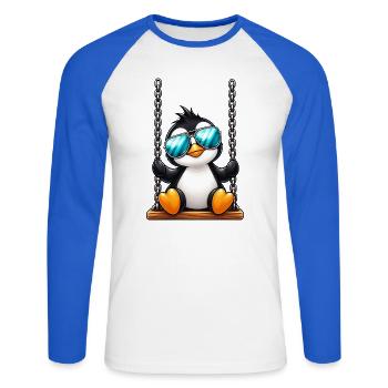 Süßer Pinguin mit Sonnenbrille auf Schaukel - Unisex Baseballshirt langarm - Weiß/Royalblau - Vorne - Nik (191cm)