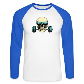 Totenkopf Sonnenbrille Hantel - Unisex Baseballshirt langarm - Weiß/Royalblau - Vorne - Nik (191cm)
