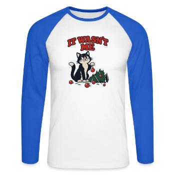 Es war nicht meine Katze, die den Weihnachtsbaum umgeworfen hat - Unisex Baseballshirt langarm - Weiß/Royalblau - Vorne - Nik (191cm)