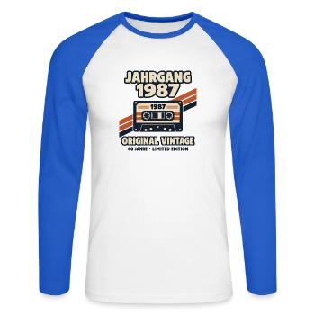 Jahrgang 1987 Original Vintage 40 Jahre Kassette - Unisex Baseballshirt langarm - Weiß/Royalblau - Vorne - Nik (191cm)