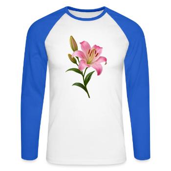 Rosa Lilienblüten-Grafik - Unisex Baseballshirt langarm - Weiß/Royalblau - Vorne - Nik (191cm)