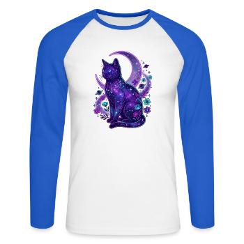 Galaktische Mondkatze - Unisex Baseballshirt langarm - Weiß/Royalblau - Vorne - Nik (191cm)