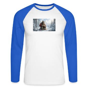 Winter Yeti am Feuer im Schneeland - Unisex Baseballshirt langarm - Weiß/Royalblau - Vorne - Nik (191cm)