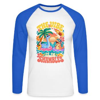 Sunset Dinosaurier Die Stimmung ist im Chaos - Unisex Baseballshirt langarm - Weiß/Royalblau - Vorne - Nik (191cm)