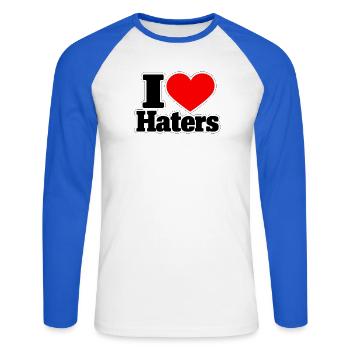 I Love Haters – Lustiger Statement Spruch - Unisex Baseballshirt langarm - Weiß/Royalblau - Vorne - Nik (191cm)
