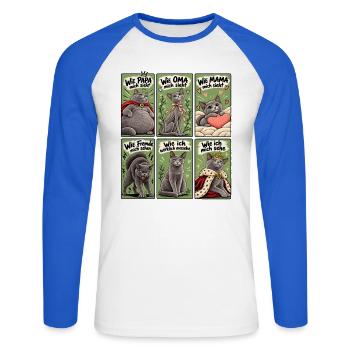 Wie andere mich sehen – Lustiges Katzenmotiv - Unisex Baseballshirt langarm - Weiß/Royalblau - Vorne - Nik (191cm)