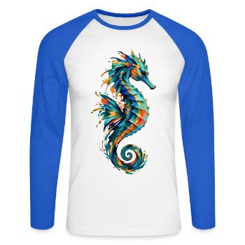 Türkis-Seepferdchen - Unisex Baseballshirt langarm - Weiß/Royalblau - Vorne - Nik (191cm)