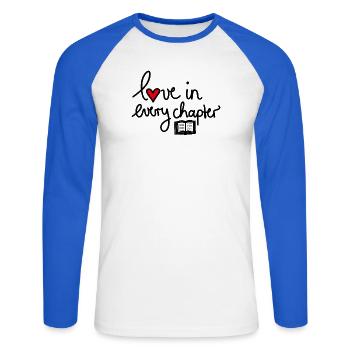 Love in Every Chapter – Design für Bücherliebe - Unisex Baseballshirt langarm - Weiß/Royalblau - Vorne - Nik (191cm)