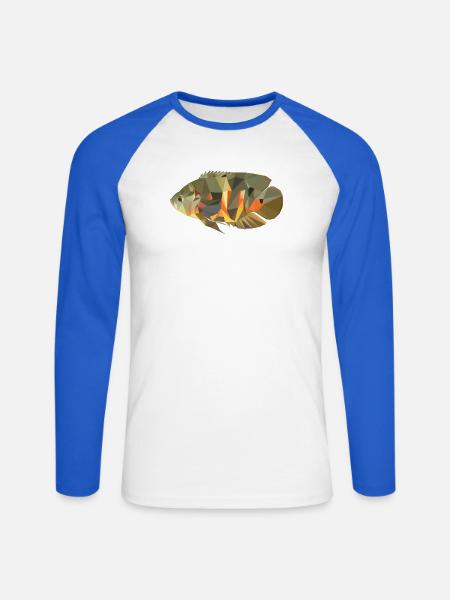 Astronotus ocellatus (Pfauenaugenbuntbarsch) - Unisex Baseballshirt langarm - Weiß/Royalblau