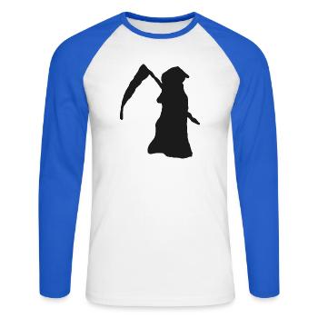 Weiblicher Tod mit Sense – schwarze Silhouette - Unisex Baseballshirt langarm - Weiß/Royalblau - Vorne - Nik (191cm)