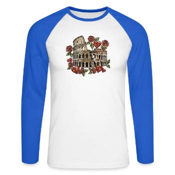 Kolosseum und geometrische Rosen - Unisex Baseballshirt langarm - Weiß/Royalblau - Vorne - Nik (191cm)