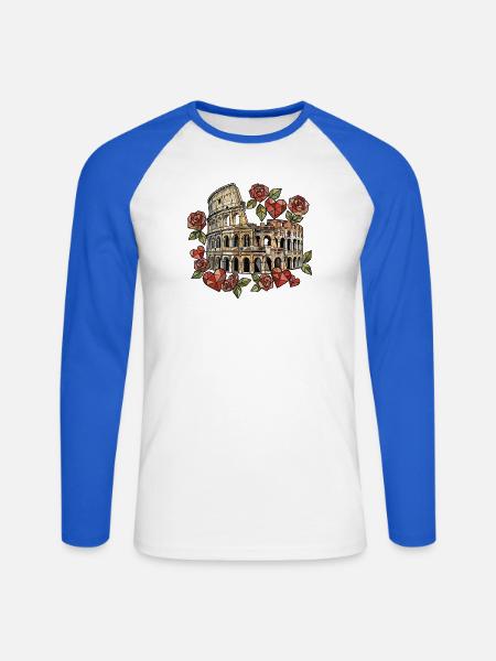 Kolosseum und geometrische Rosen - Unisex Baseballshirt langarm - Weiß/Royalblau