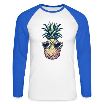 Ananas mit Sonnenbrille – Bunt - Unisex Baseballshirt langarm - Weiß/Royalblau - Vorne - Nik (191cm)