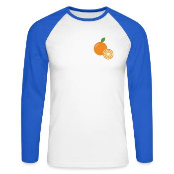 Orange mit Orangenscheibe - Frucht Motiv - Unisex Baseballshirt langarm - Weiß/Royalblau - Vorne - Nik (191cm)