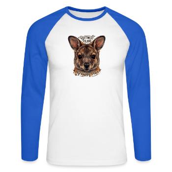 Quokka Insel Mein Happy Place - Unisex Baseballshirt langarm - Weiß/Royalblau - Vorne - Nik (191cm)
