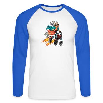 Lustige Oma mit Raketenrollator und Fliegerbrille - Unisex Baseballshirt langarm - Weiß/Royalblau - Vorne - Nik (191cm)