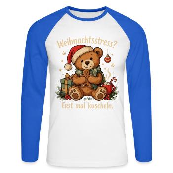 Kleiner Teddybär mit Nikolausmütze und Lebkuchen - Unisex Baseballshirt langarm - Weiß/Royalblau - Vorne - Nik (191cm)