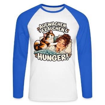Aufwachen Frauchen Hunger Katze - Unisex Baseballshirt langarm - Weiß/Royalblau - Vorne - Nik (191cm)